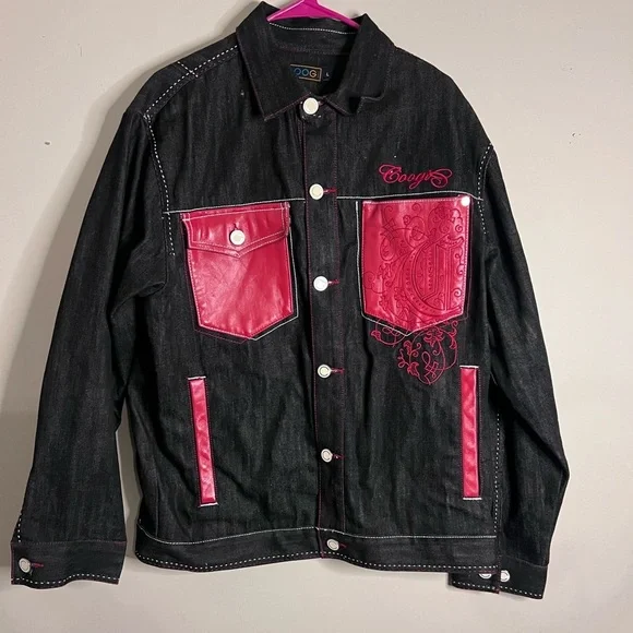 Coogi Red Leather Black Embrodered Denim Jacket - Limited Edition - L - Picture 1 of 6